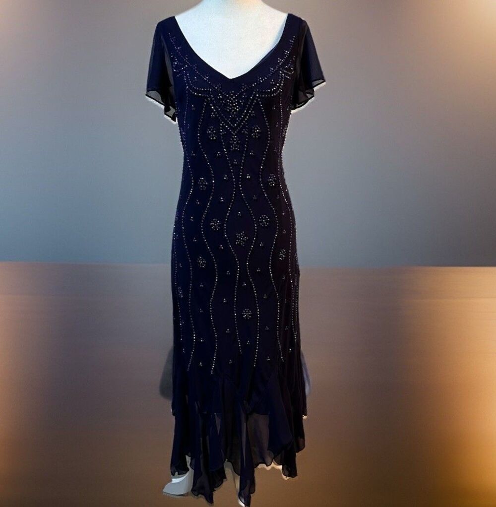 Metaphor Vintage, Blue. Beaded Flowy Y2K Dress Shabby Chic Mystical Size 16